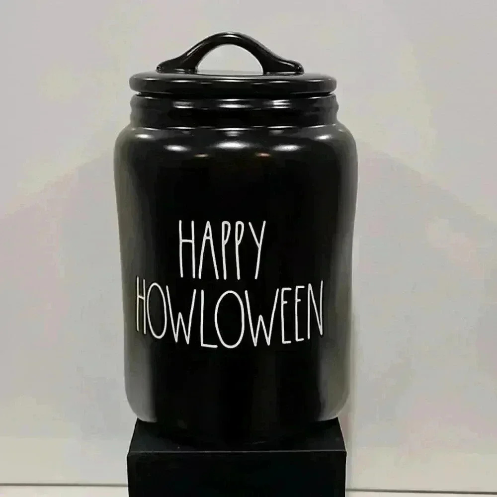 Rae Dunn HAPPY HOWLOWEEN Canister - black - 9' tall -Rae 6" diemeter K701907 - Picture 1 of 7